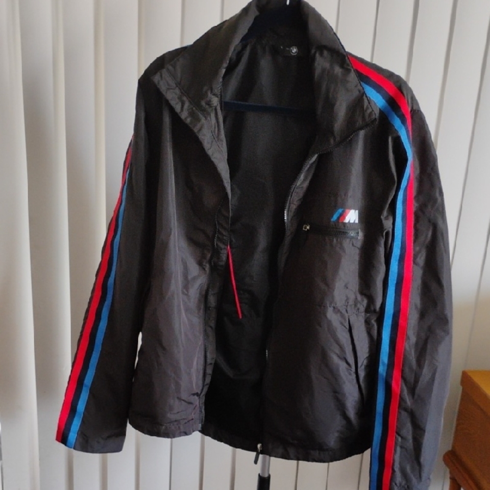 BMW Men's Black Windbreaker with Red and Blue Accents
